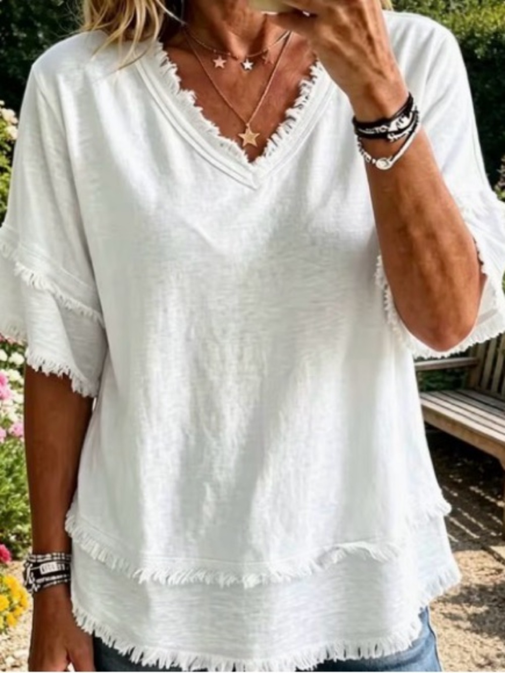Women’s White Frayed V-Neck Top